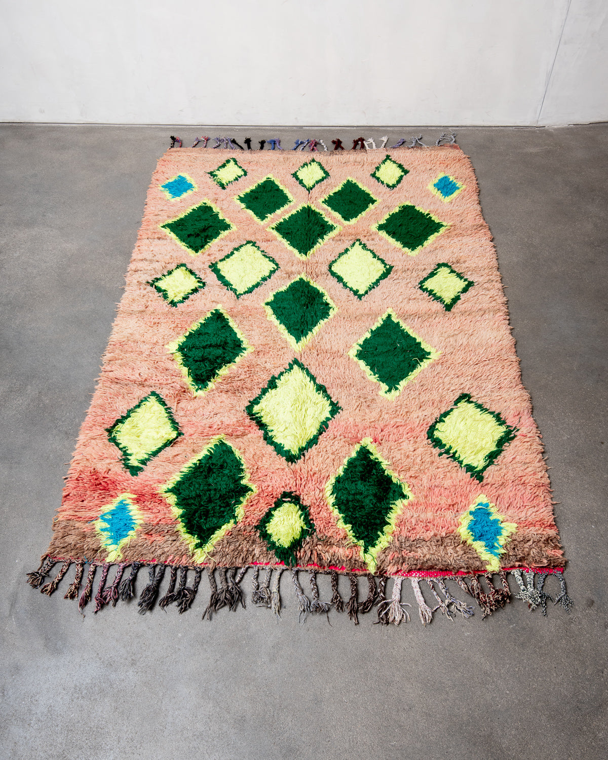 Modern, designer, handcrafted Berber rug from Morocco. Vintage carpet with beautiful colours and patterns and fluffy texture.